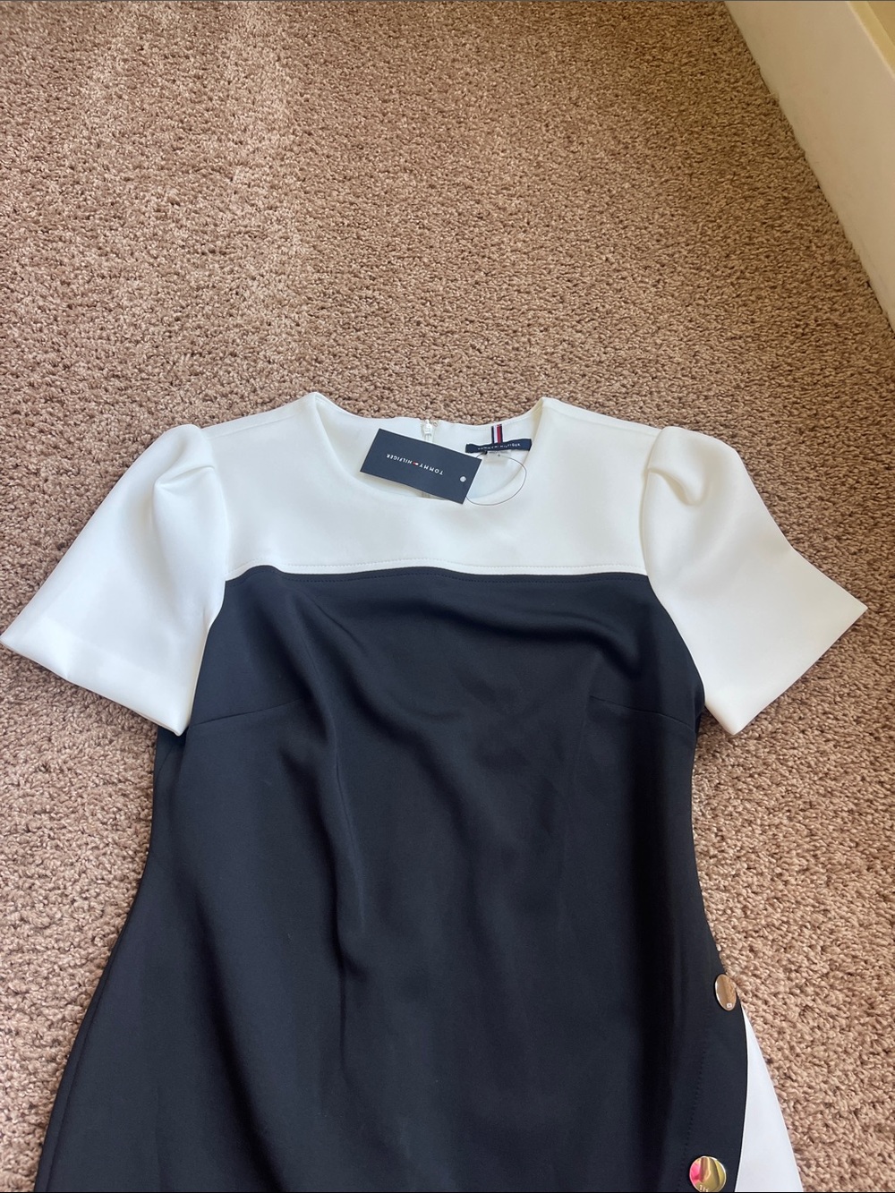 Tommy Hilfiger Black and White Colorblock Sheath Dress with Side Button Trim - Picture 6 of 11